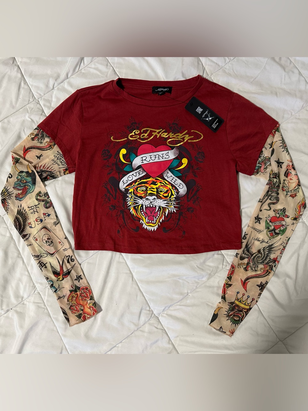Ed Hardy Wine Red Graphic Crop Top with Gold Script